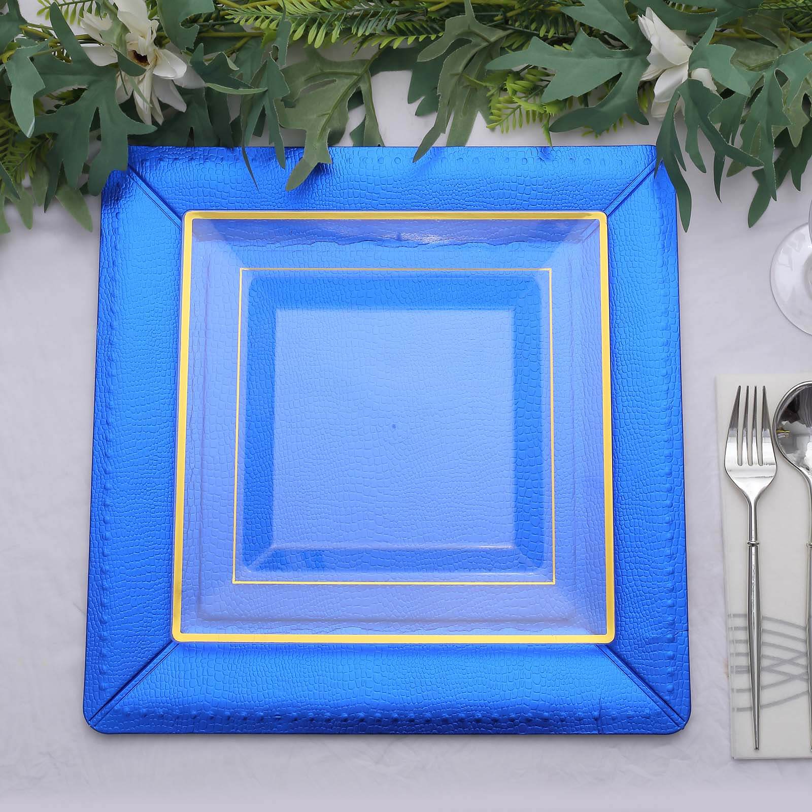 10-Pack Disposable Square Charger Plates in Royal Blue with Leather Like Texture - 1100GSM Durable Paper Chargers 13"