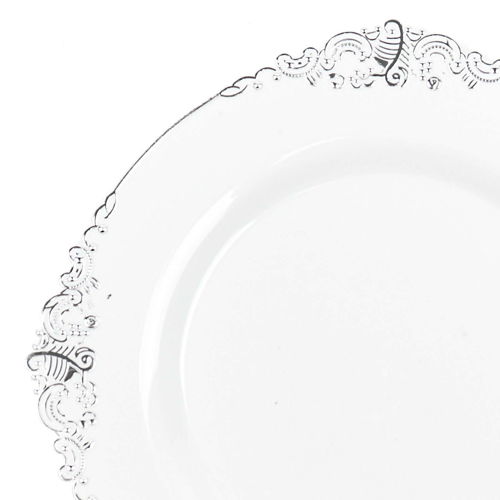10-Pack Plastic 8" Round Dessert Plates in White with Silver Leaf Embossed Rim - Disposable Vintage Baroque Style Salad Plates