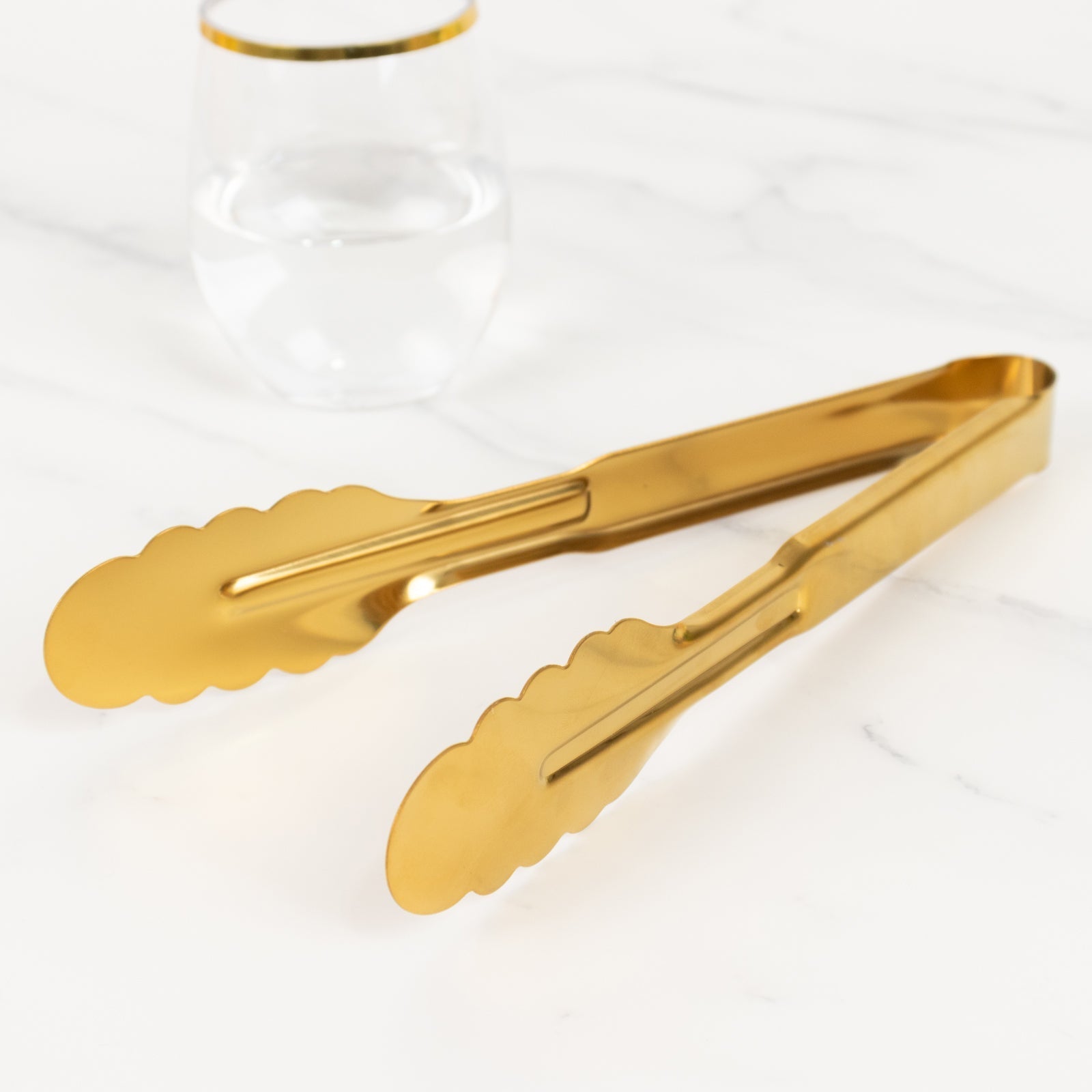 10-Pack Metal Serving Tongs Gold - Stainless Steel Food Safe Kitchen Tongs with Scalloped Gripping Edge for Indoor & Outdoor Gatherings 9.5"