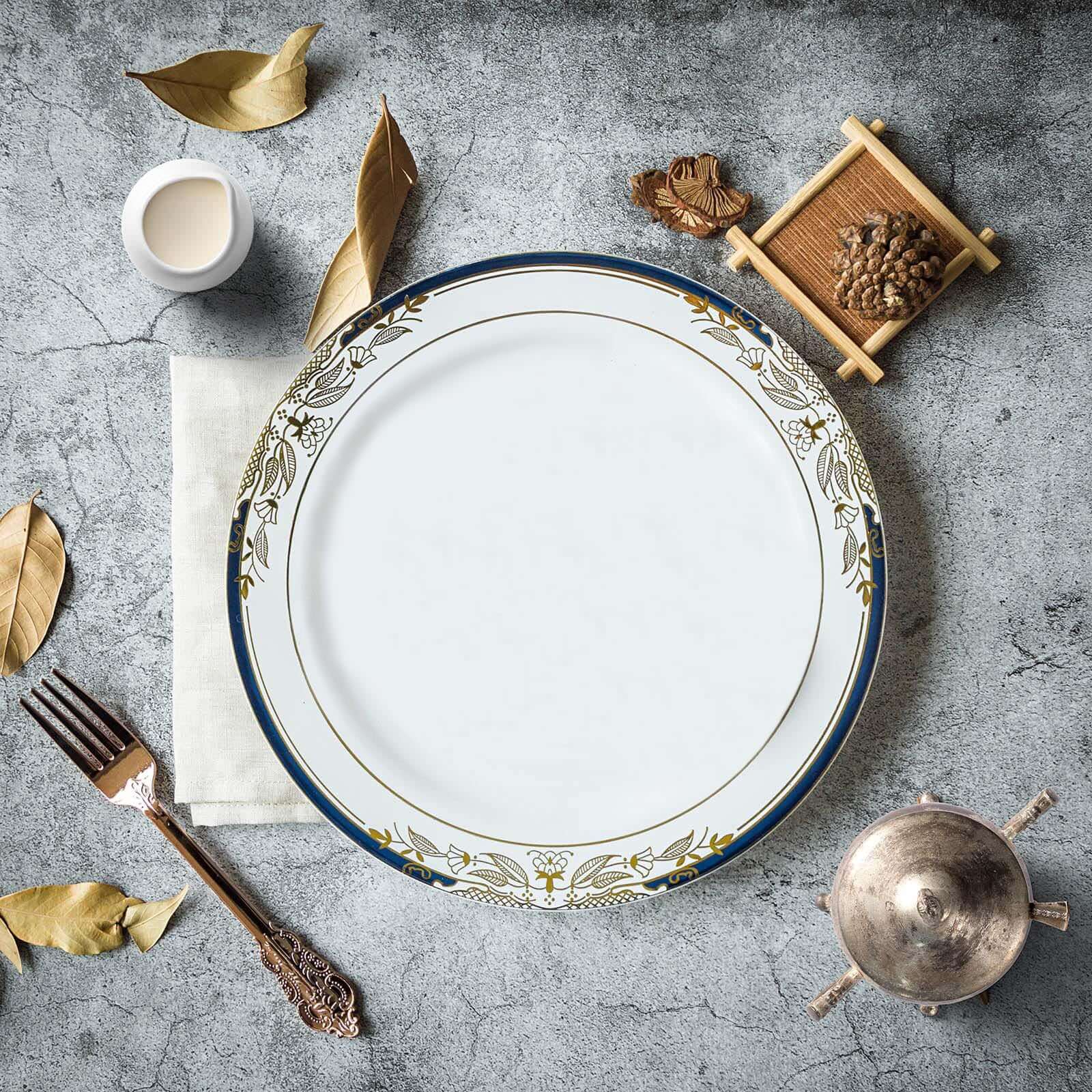 10-Pack Plastic 10" Round Dinner Plates in White with Royal Blue Rim - Stylish Gold Vine Design Disposable Party Plates for Special Occasions & Celebrations