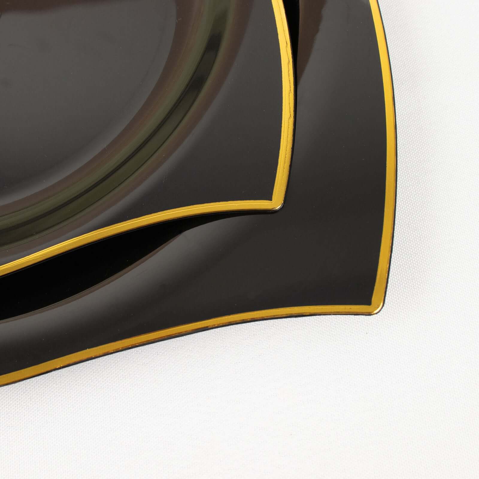 10-Pack Plastic 8" Square Dessert Plates in Black with Gold Wavy Rim Modern - Disposable Salad Appetizer Party Plates