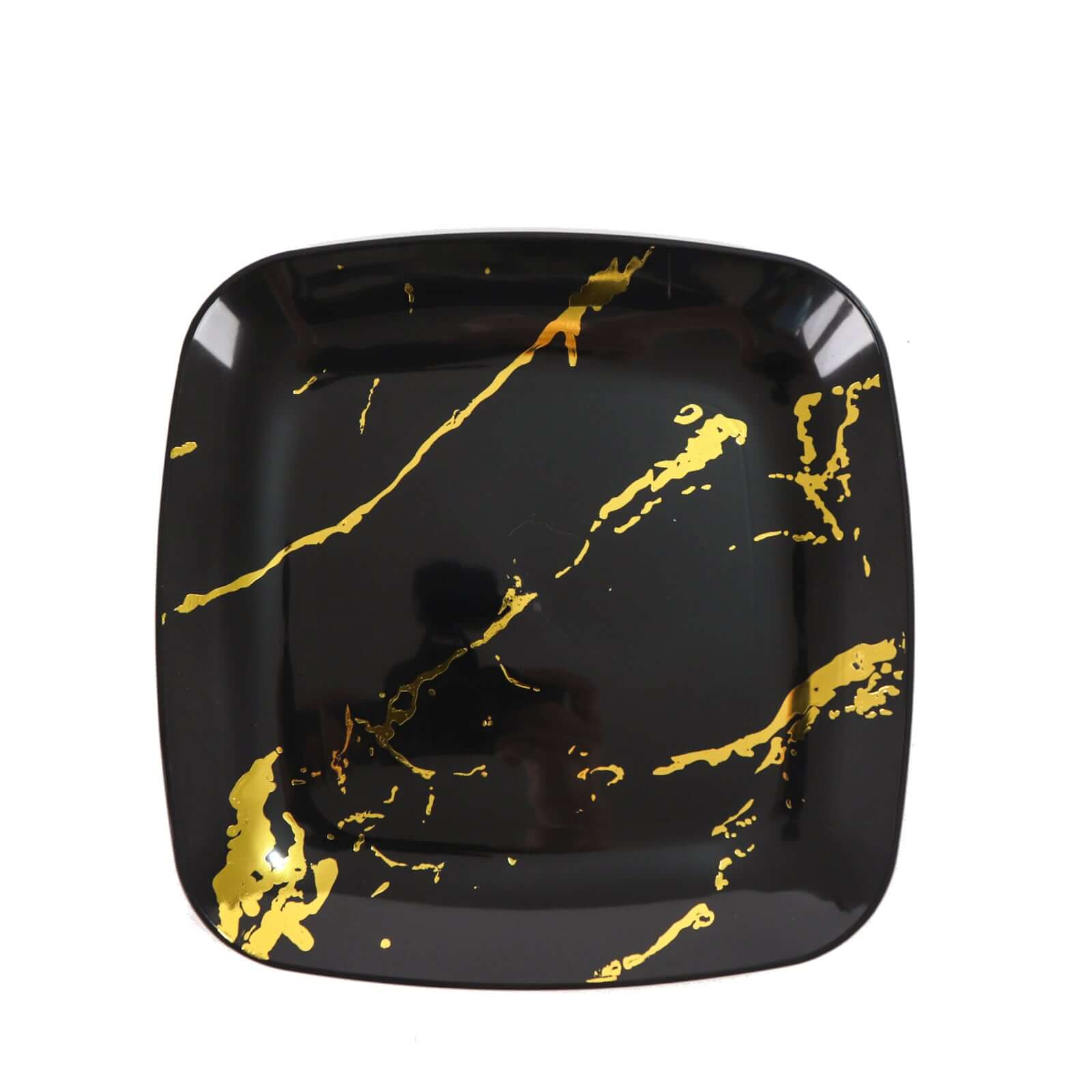 10-Pack Plastic 8" Square Dessert Plates in Black with Gold Marble Design - Disposable Appetizer Salad Party Plates