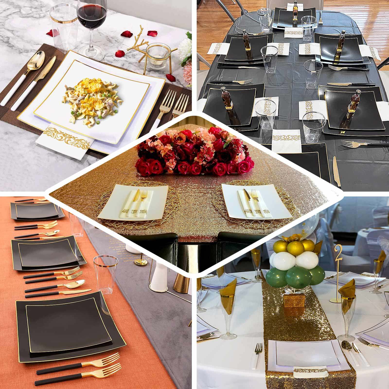 10-Pack Plastic 8" Square Dessert Plates in Black Concave Style with Gold Rim - Modern Disposable Salad Appetizer Party Plates