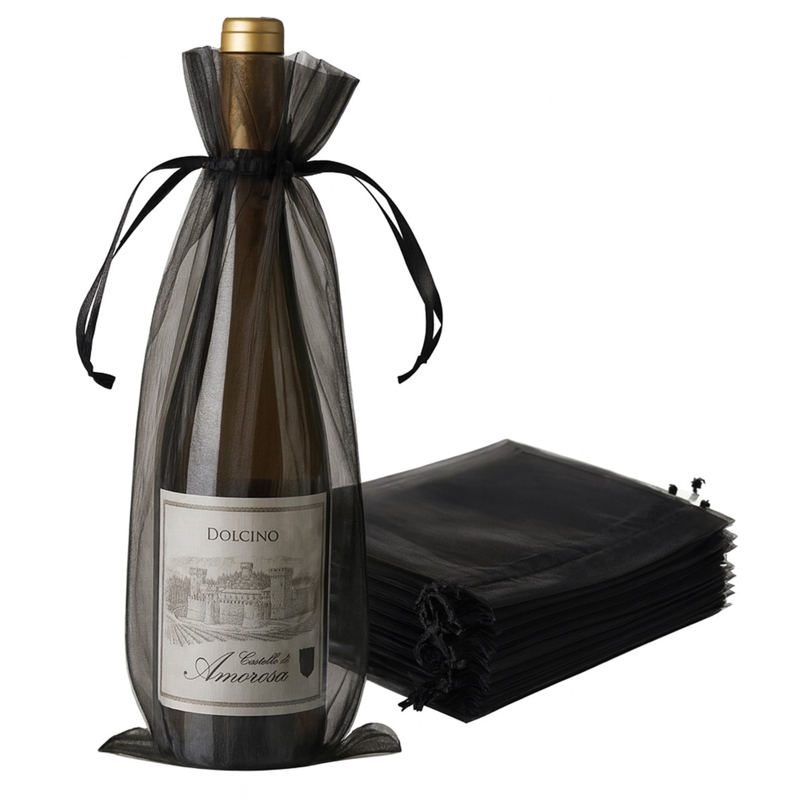 100 Pack Black Organza Wine Gift Bags with Drawstring, 6" x 15" – Wedding Party Bottle Favor Bags