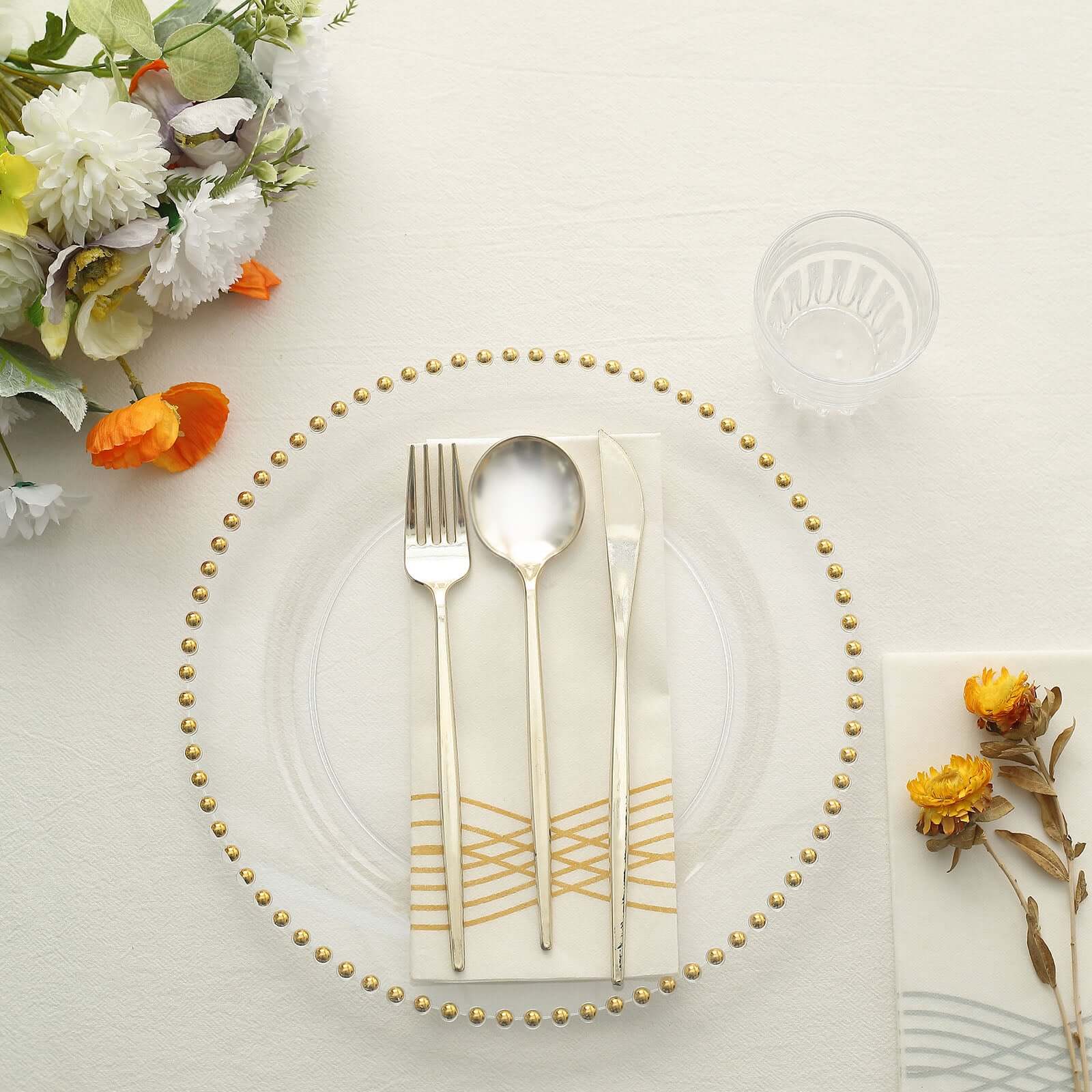 10-Pack Plastic 10" Round Dinner Plates in Clear with Gold Beaded Rim - Disposable Party Plates for Banquets & Festive Occasions