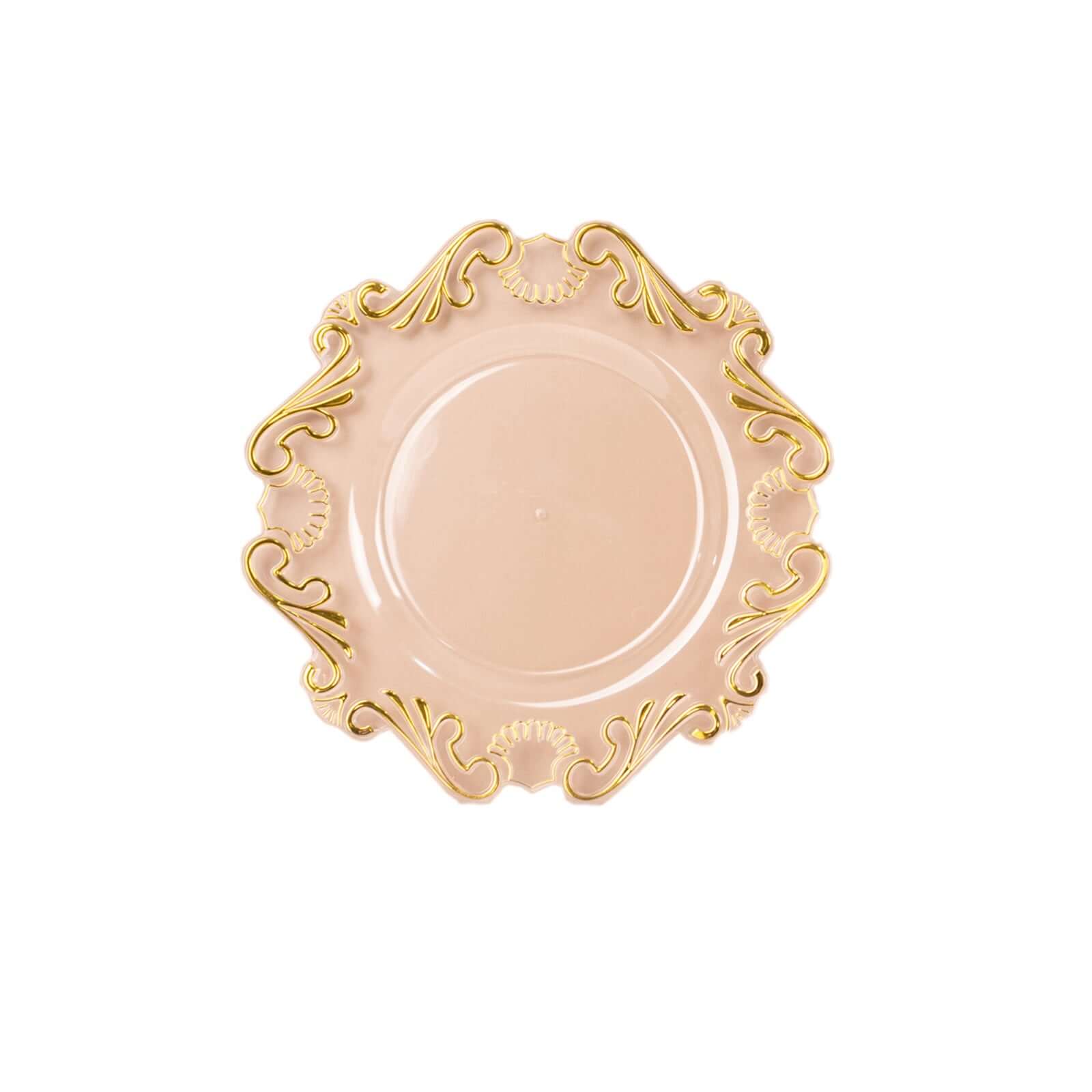 10-Pack Plastic 10" Round Dinner Plates in Clear with Gold Vintage Baroque Scalloped Rim - European Style Disposable Party Plates