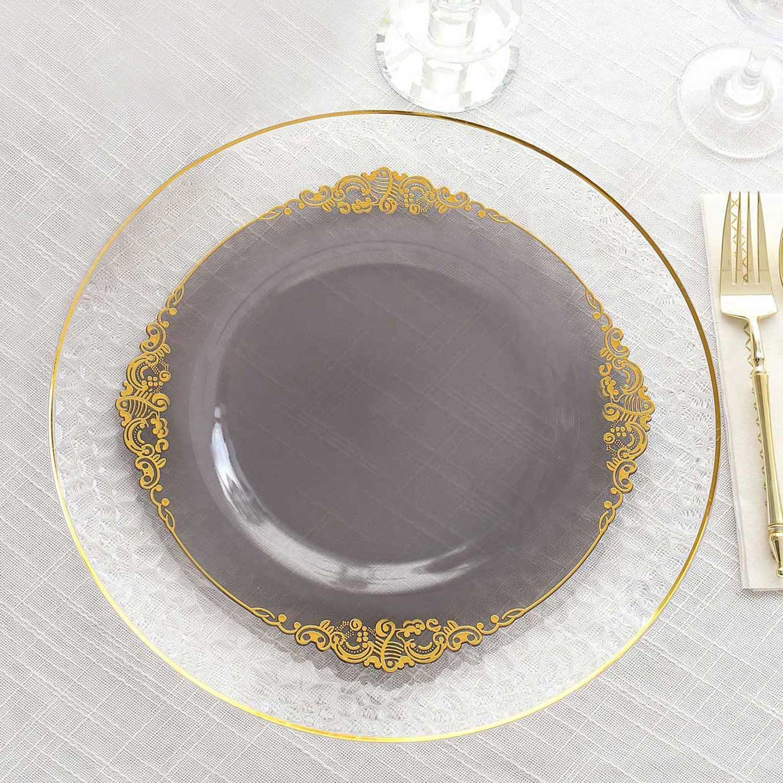 10-Pack Plastic 10" Round Dinner Plates in Transparent Black with Gold Leaf Embossed Rim - Disposable Vintage Baroque Style Plates