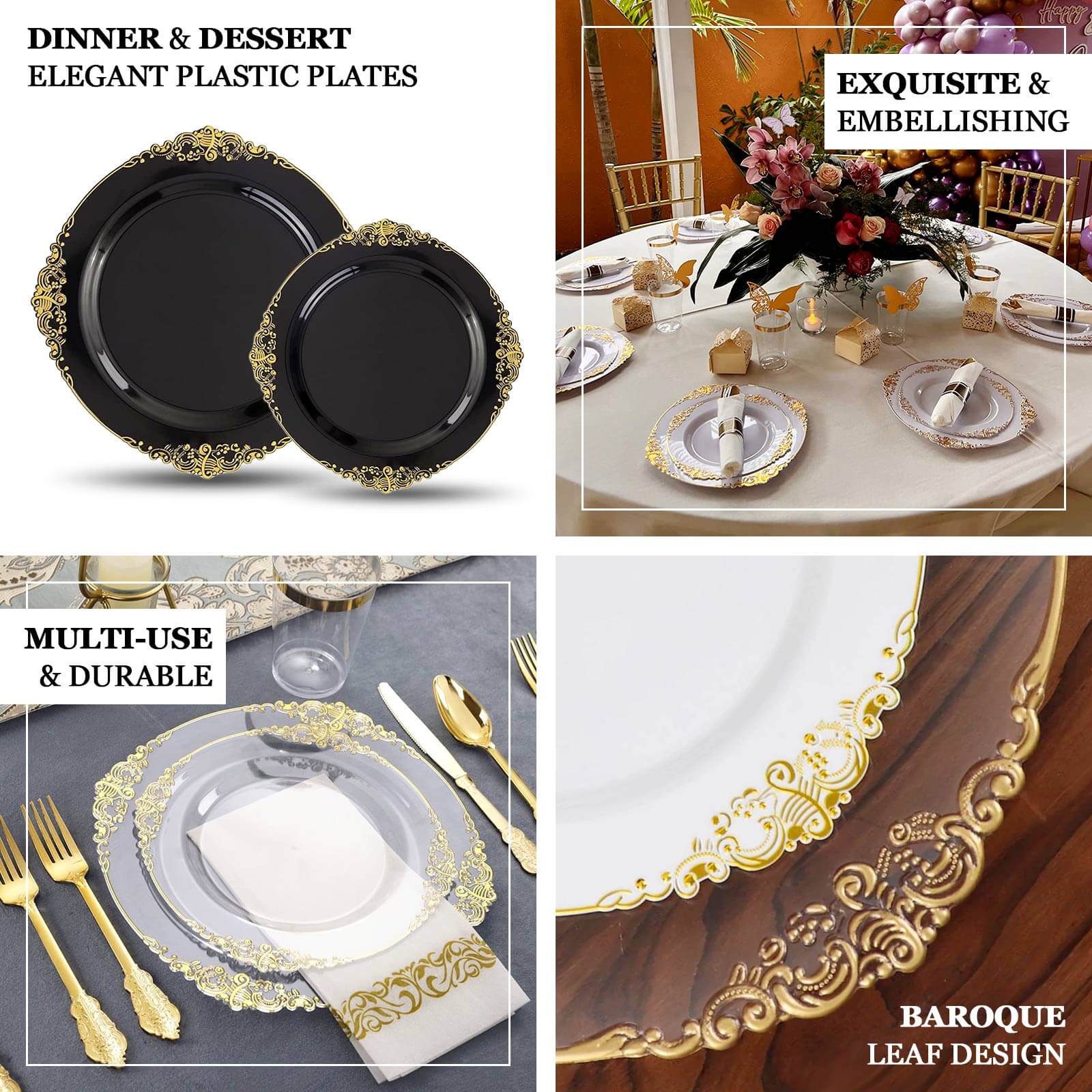 10-Pack Plastic 10" Round Dinner Plates in Clear with Gold Leaf Embossed Rim - Disposable Vintage Baroque Style Plates