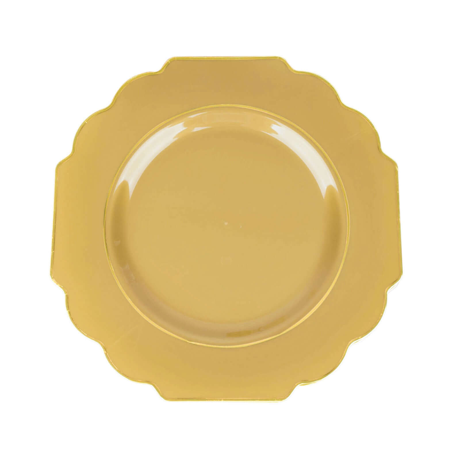 10-Pack Plastic Dessert Appetizer Plates in Gold Baroque Design with Scalloped Gold Rim - Heavy Duty Disposable Salad Plates 8"