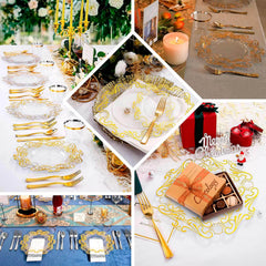 10-Pack Plastic 8" Round Dessert Plates in Clear with Gold Vintage Baroque Scalloped Rim - European Style Disposable Salad Appetizer Plates