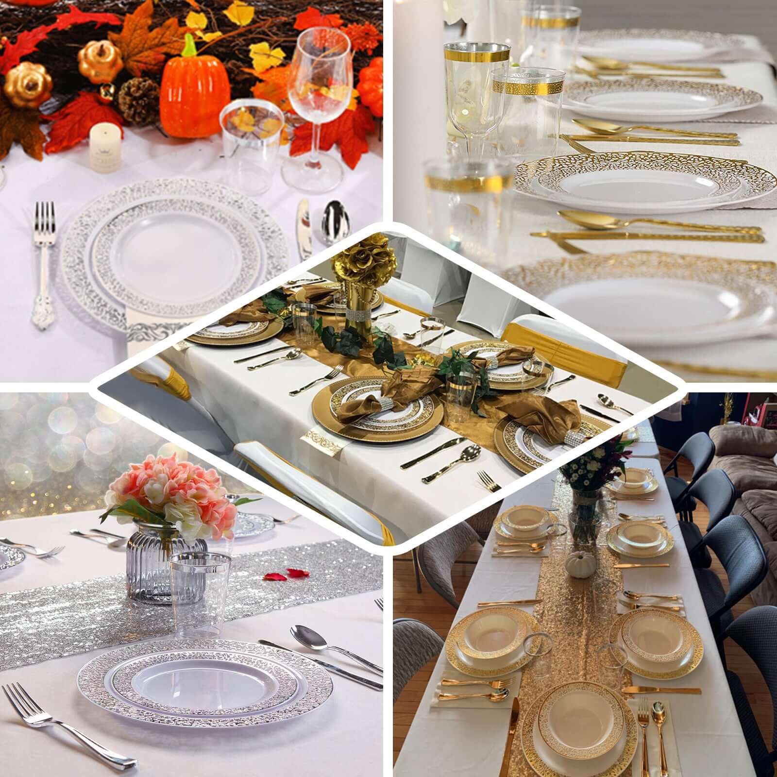 10-Pack Plastic Dinner Plates White with Fancy Silver Lace Rim - Stylish Disposable Plates for Events 10"