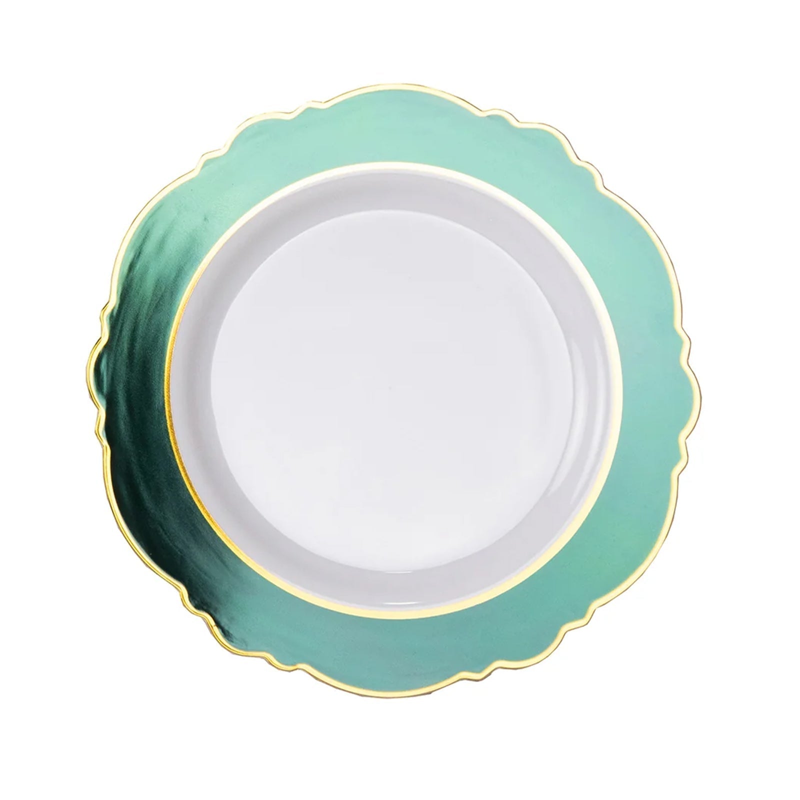 10-Pack Plastic 10" Round Dinner Plates in White with Hunter Emerald Green Blossom Design & Gold Edging - Disposable Party Plates