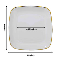 10-Pack Plastic 7" Square Dessert Plates in White with Gold Rim - Classy Disposable Appetizer Salad Plates for Weddings & Special Events