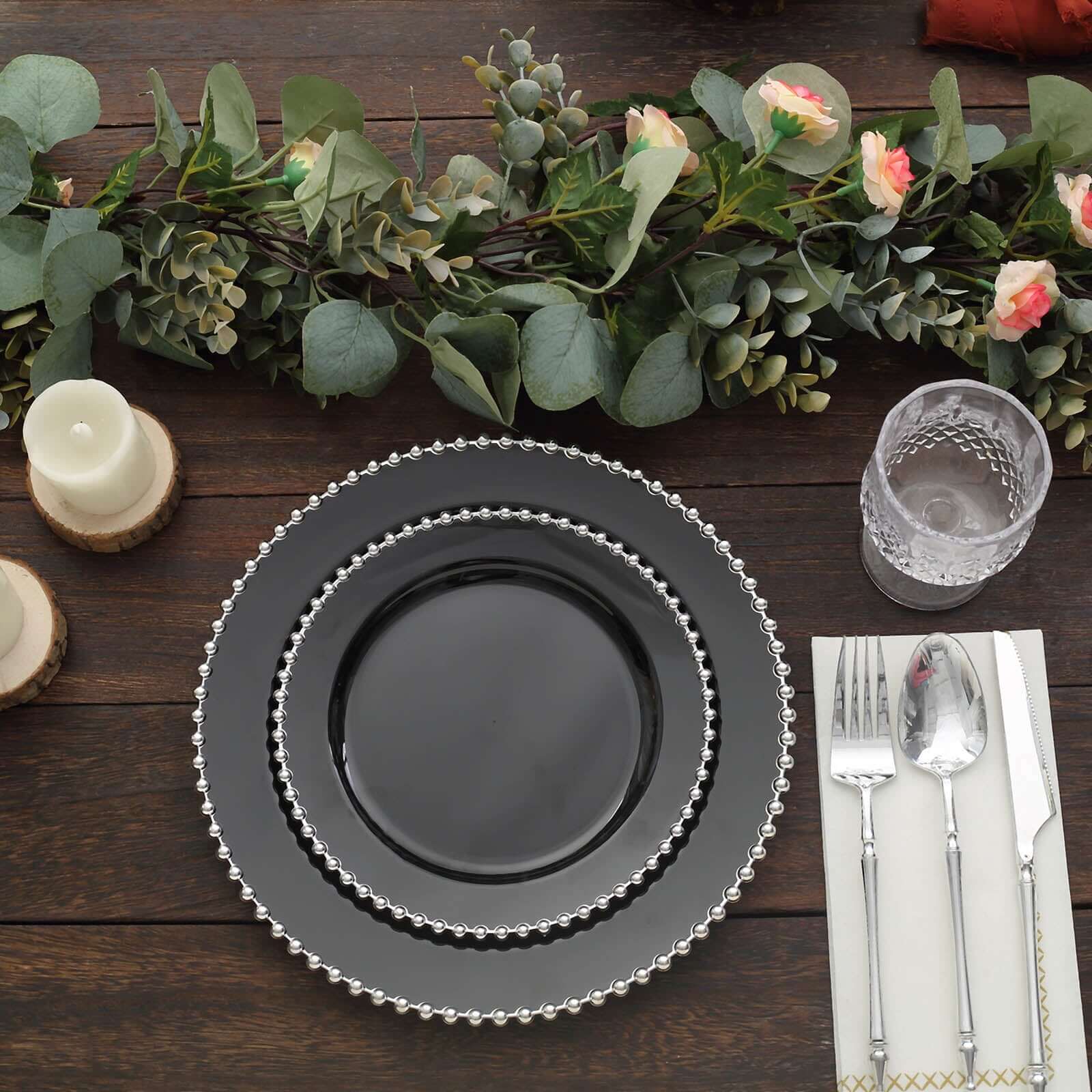 10-Pack Plastic 10" Round Dinner Plates in Black with Silver Beaded Rim - Disposable Party Plates for Banquets & Festive Occasions