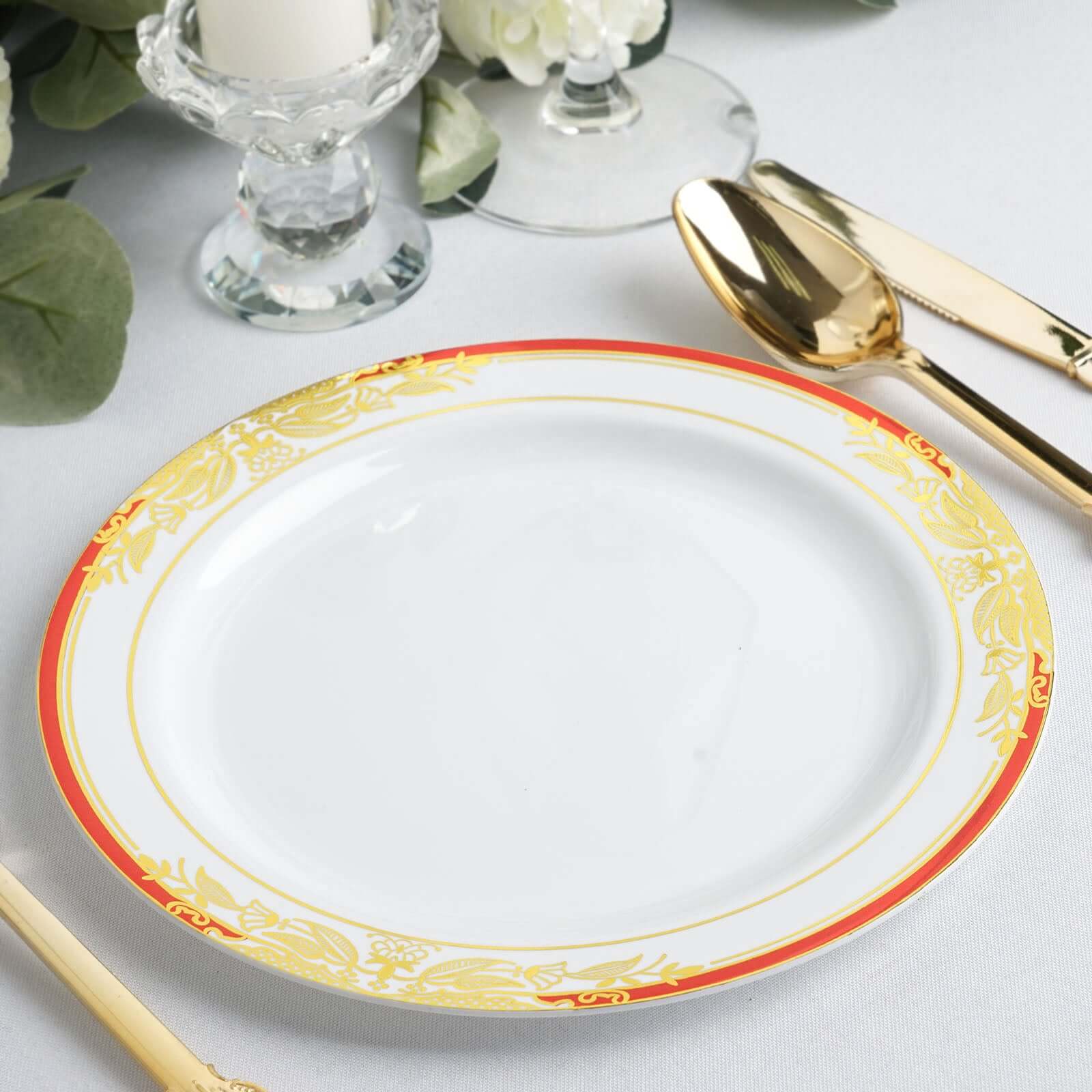 10-Pack Plastic 8" Round Dessert Plates in White with Red Rim - Stylish Gold Vine Design Disposable Salad/Appetizer Plates for Special Occasions & Celebrations