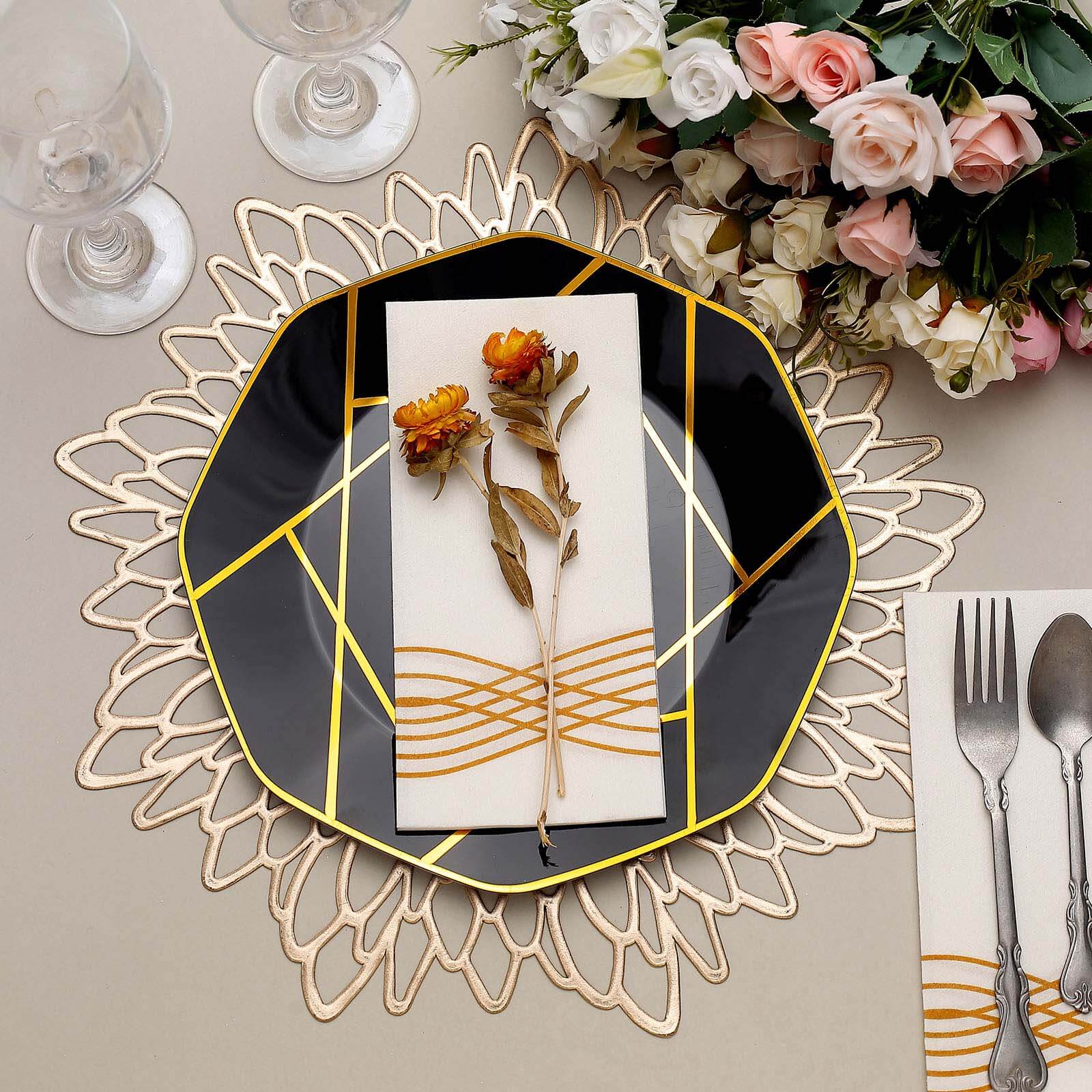 10-Pack Plastic 10" Octagon Dinner Plates in Black - Modern Disposable Party Plates with Gold Geometric Design for Special Occasions & Celebrations
