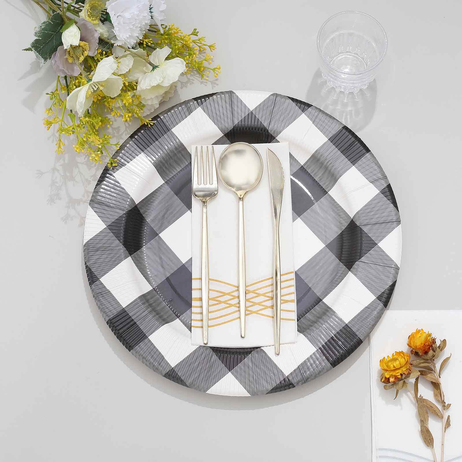 10-Pack Disposable Paper Charger Plates – Black/White Buffalo Plaid 13" Round Table Chargers, 350 GSM Cardstock