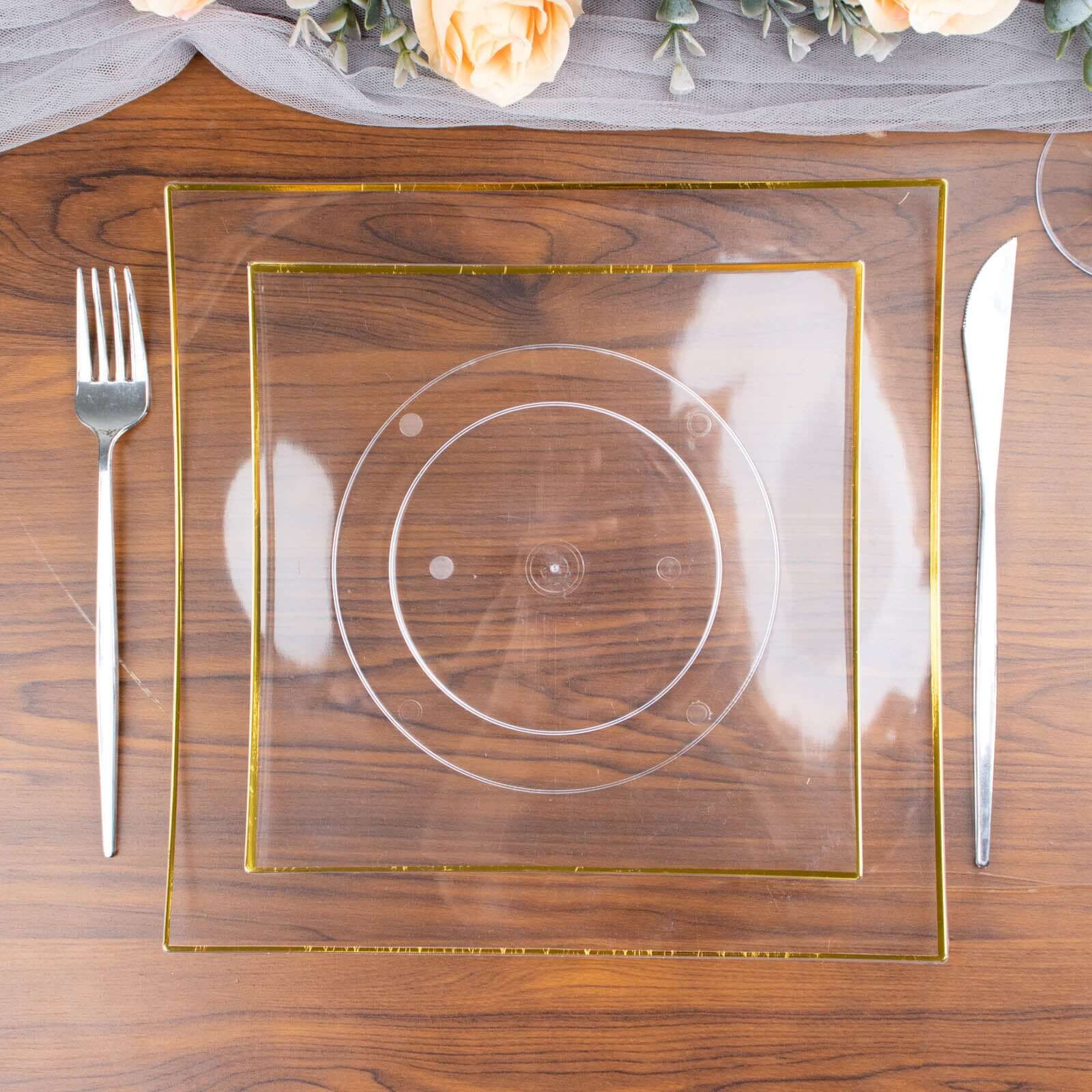 10-Pack Plastic 8" Square Dessert Plates in Clear Concave Style with Gold Rim - Modern Disposable Salad Appetizer Party Plates