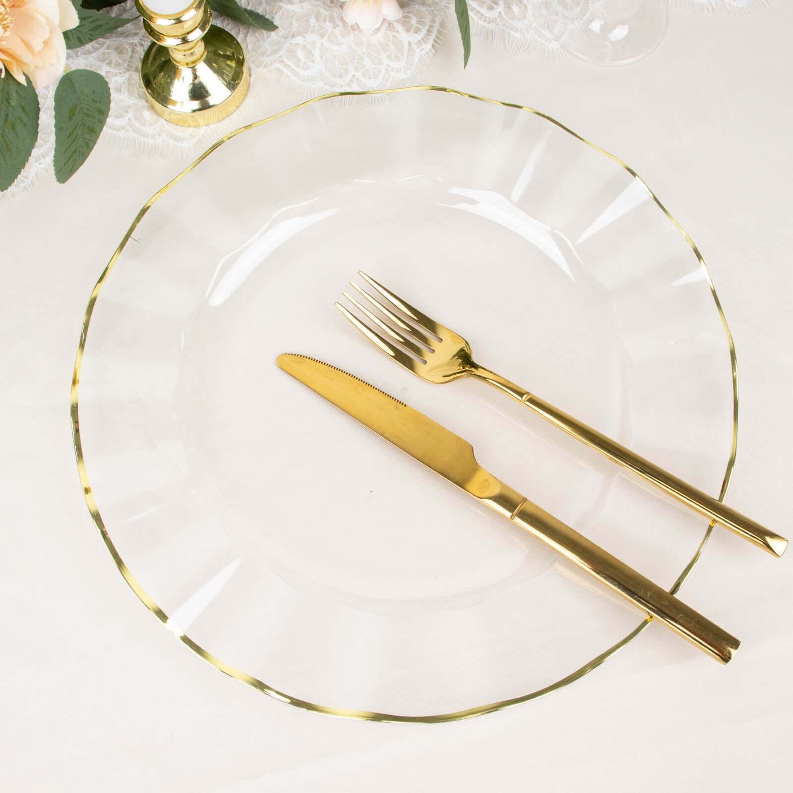 10-Pack Plastic 11" Round Dinner Plates in Clear Ruffled Rim with Gold Edging - Sturdy Disposable Dinnerware