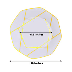 10-Pack Plastic 10" Octagon Dinner Plates in White - Modern Disposable Party Plates with Gold Geometric Design for Special Occasions & Celebrations