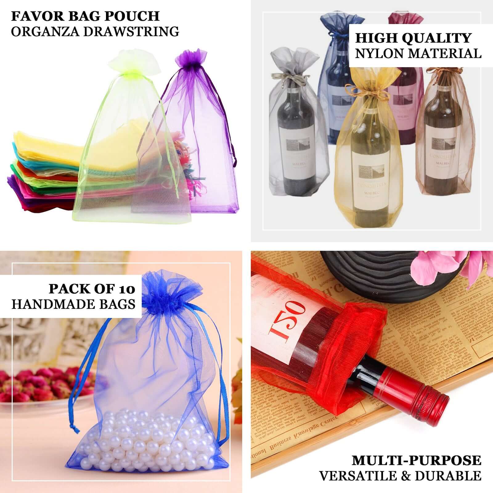 100 Pack Black Organza Wine Gift Bags with Drawstring, 6" x 15" – Wedding Party Bottle Favor Bags