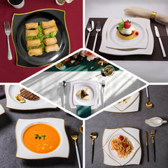 10-Pack Plastic 8" Square Dessert Plates in White with Gold Wavy Rim Modern - Disposable Salad Appetizer Party Plates for Luxe Events & Banquets