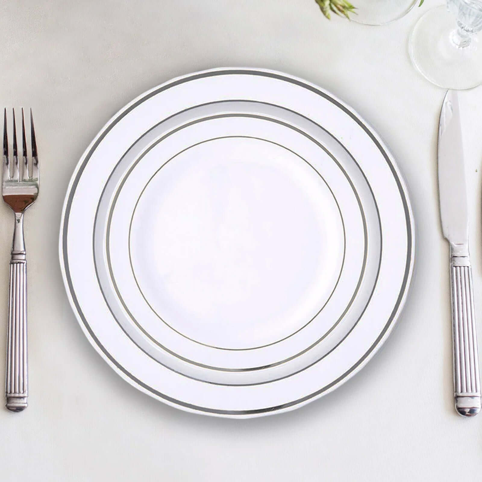 10-Pack Plastic Dessert Plates White with Très Chic Silver Rim - Disposable Plates for Appetizers 6"