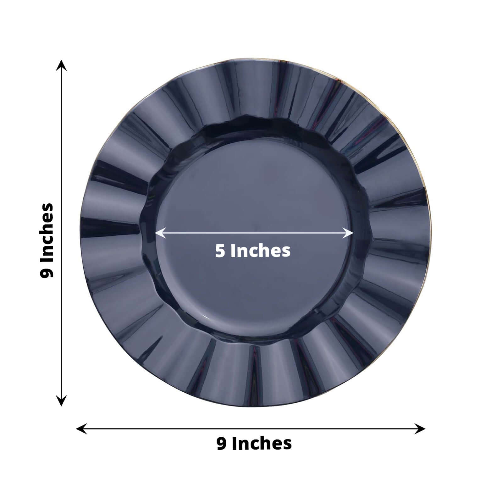10-Pack Plastic 9" Round Dinner Plates in Navy Blue Ruffled Rim with Gold Edging - Sturdy Disposable Dinnerware