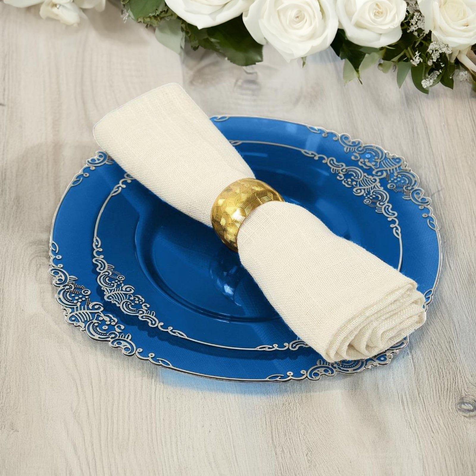 10-Pack Plastic 8" Round Dessert Plates in Transparent Navy Blue with Silver Leaf Embossed Rim - Disposable Vintage Baroque Style Salad Plates