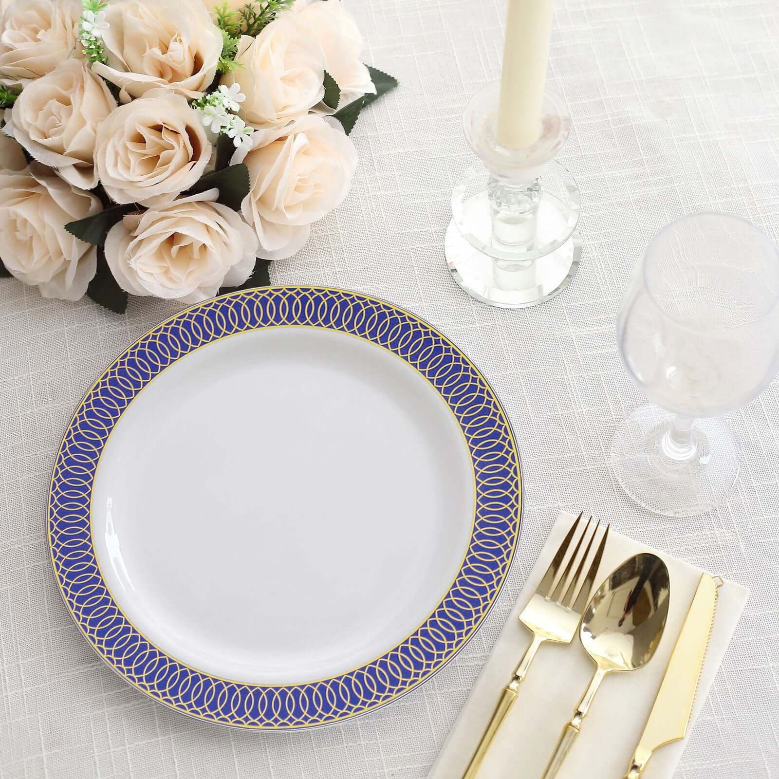 10-Pack Plastic Round Dessert Plates 7" White with Navy Blue Gold Spiral Rim - Disposable Salad Plates