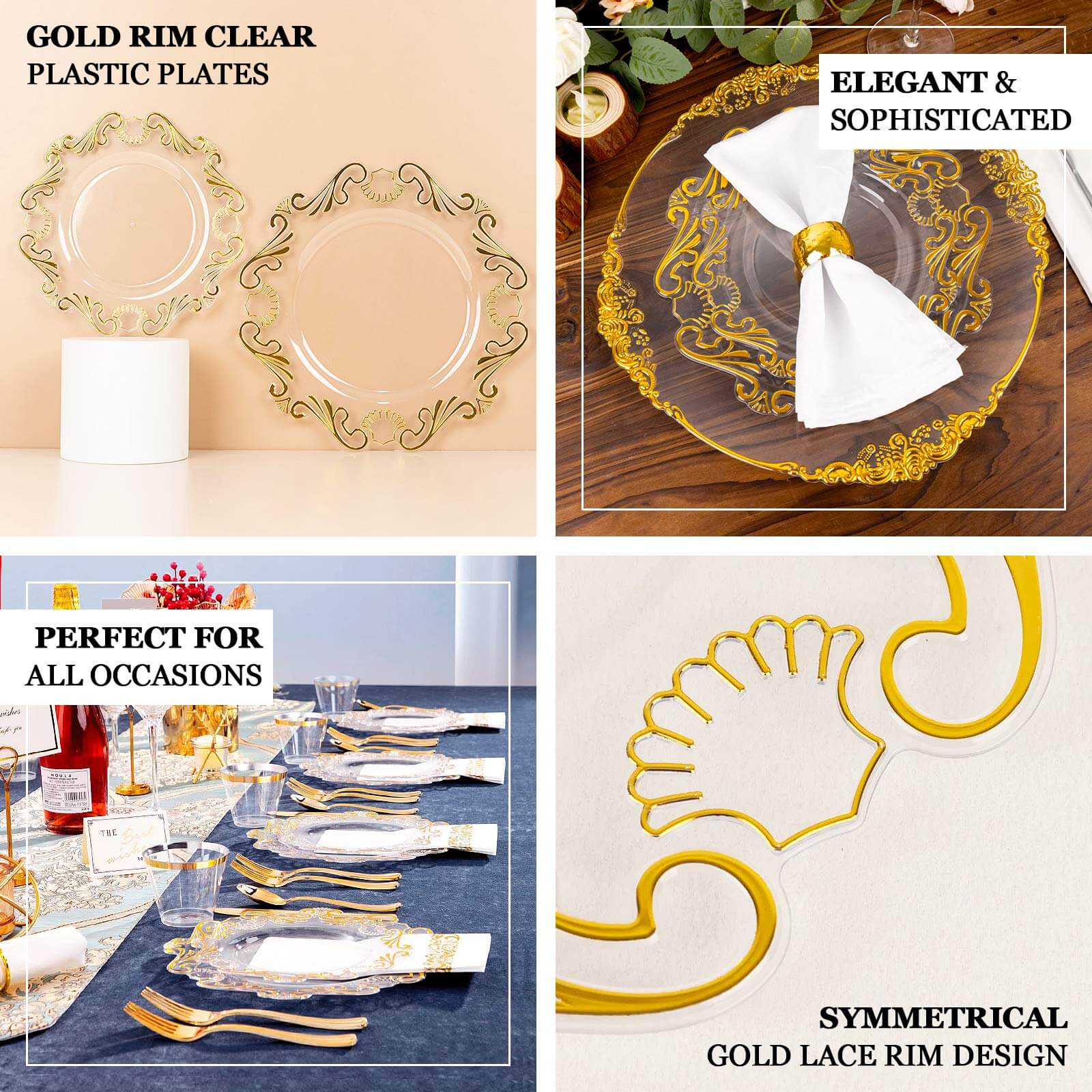 10-Pack Plastic 10" Round Dinner Plates in Clear with Gold Vintage Baroque Scalloped Rim - European Style Disposable Party Plates