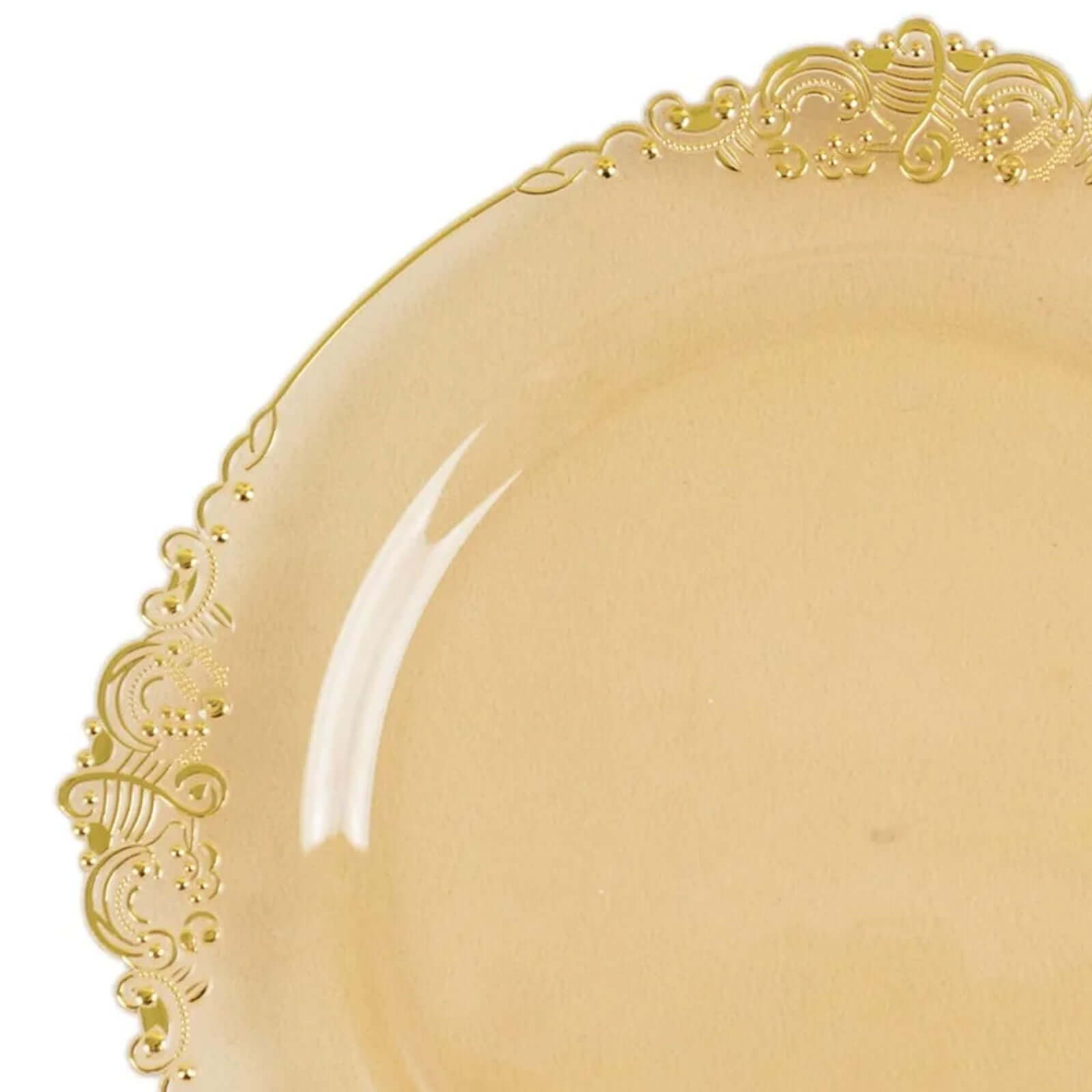 10-Pack Plastic 10" Round Dinner Plates in Transparent Amber Gold with Gold Leaf Embossed Rim - Disposable Vintage Baroque Style Plates