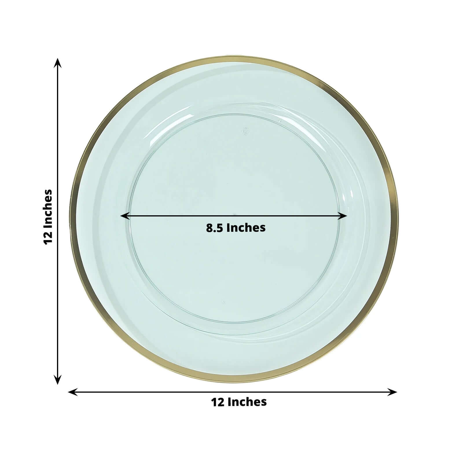 10-Pack Economy Plastic Round Charger Plates 12" in Transparent Blue with Wide Gold Rim, Decorative Dinner Party Serving Plates