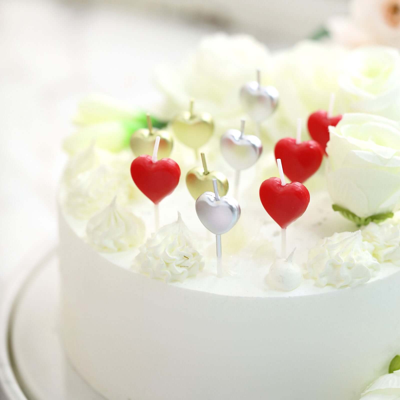 10-Pack Heart Shaped Cupcake Candles Love and Valentine Dessert Toppers - Red, Silver, and Gold