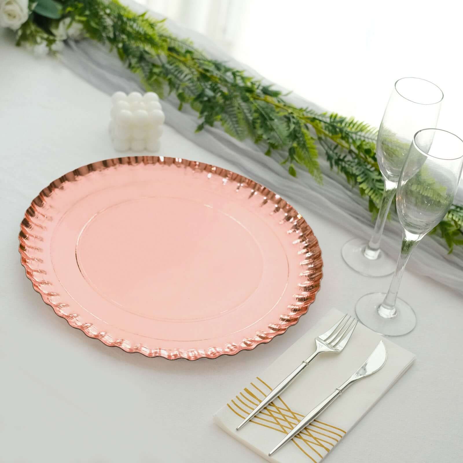 10-Pack Paper 13" Round Charger Plates in Rose Gold with Scalloped Rims - Heavy Duty Disposable 1100GSM Serving Trays