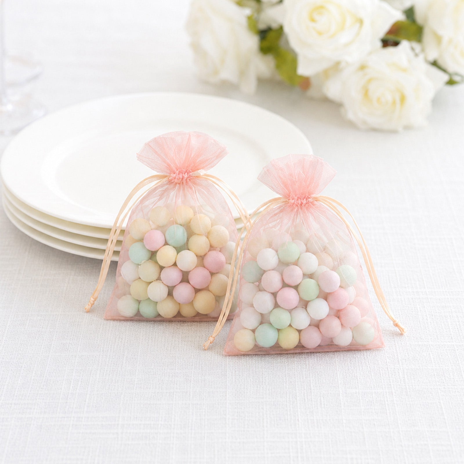 100 Pack Blush Organza Drawstring Gift Bags 3" x 4" – Wedding Party Favor Bags