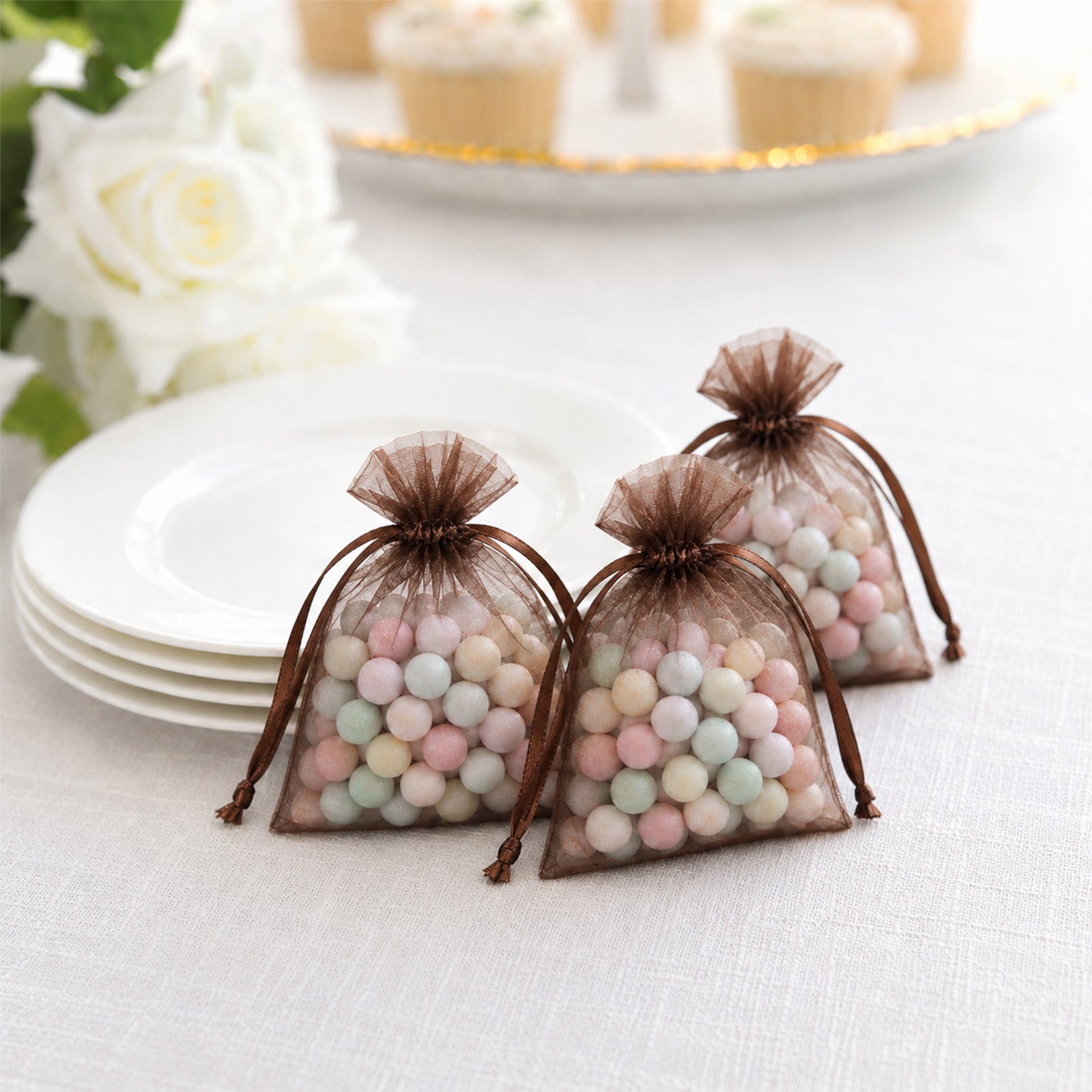 100 Pack Chocolate Organza Drawstring Gift Bags 3" x 4" – Wedding Party Favor Bags