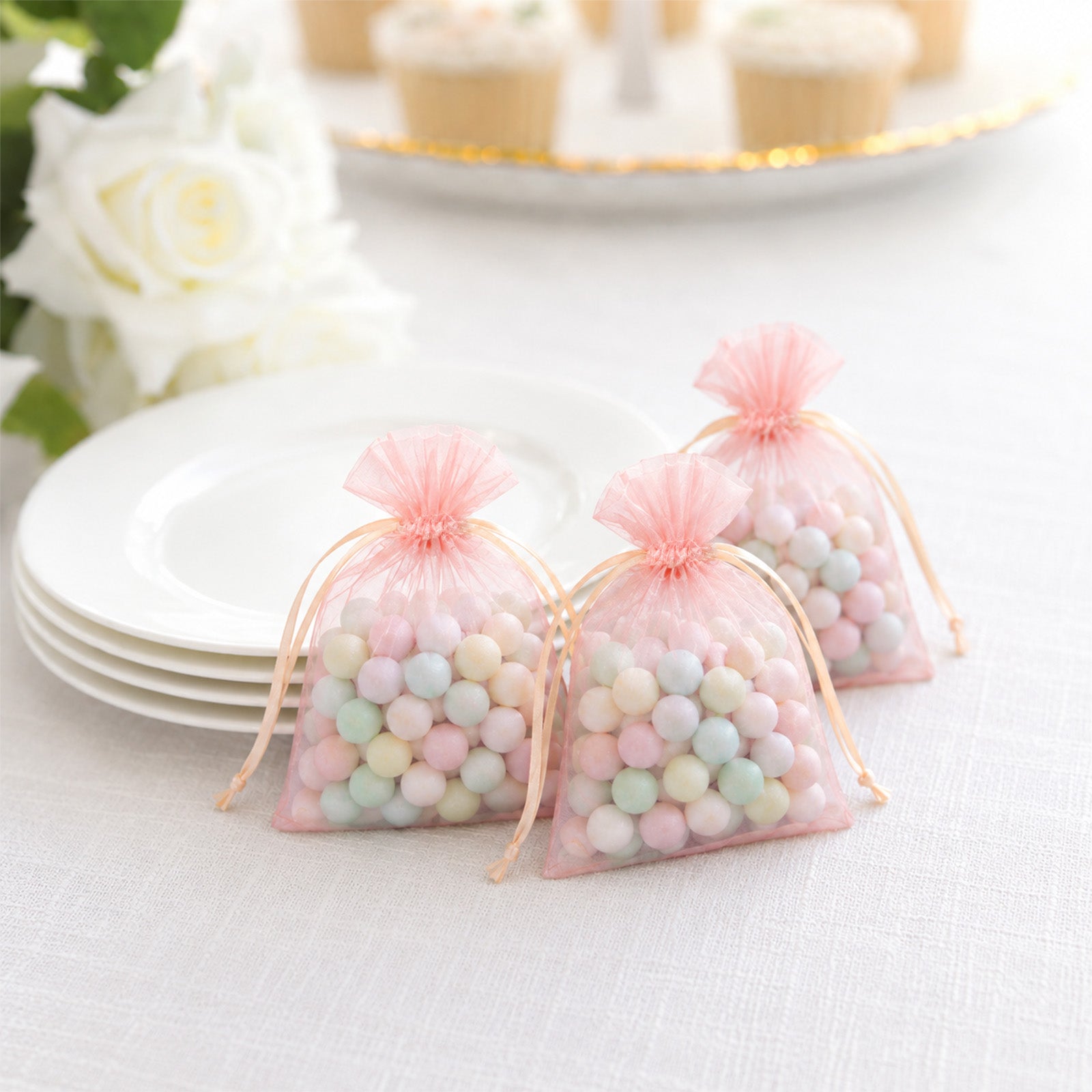 100 Pack Blush Organza Drawstring Gift Bags 3" x 4" – Wedding Party Favor Bags