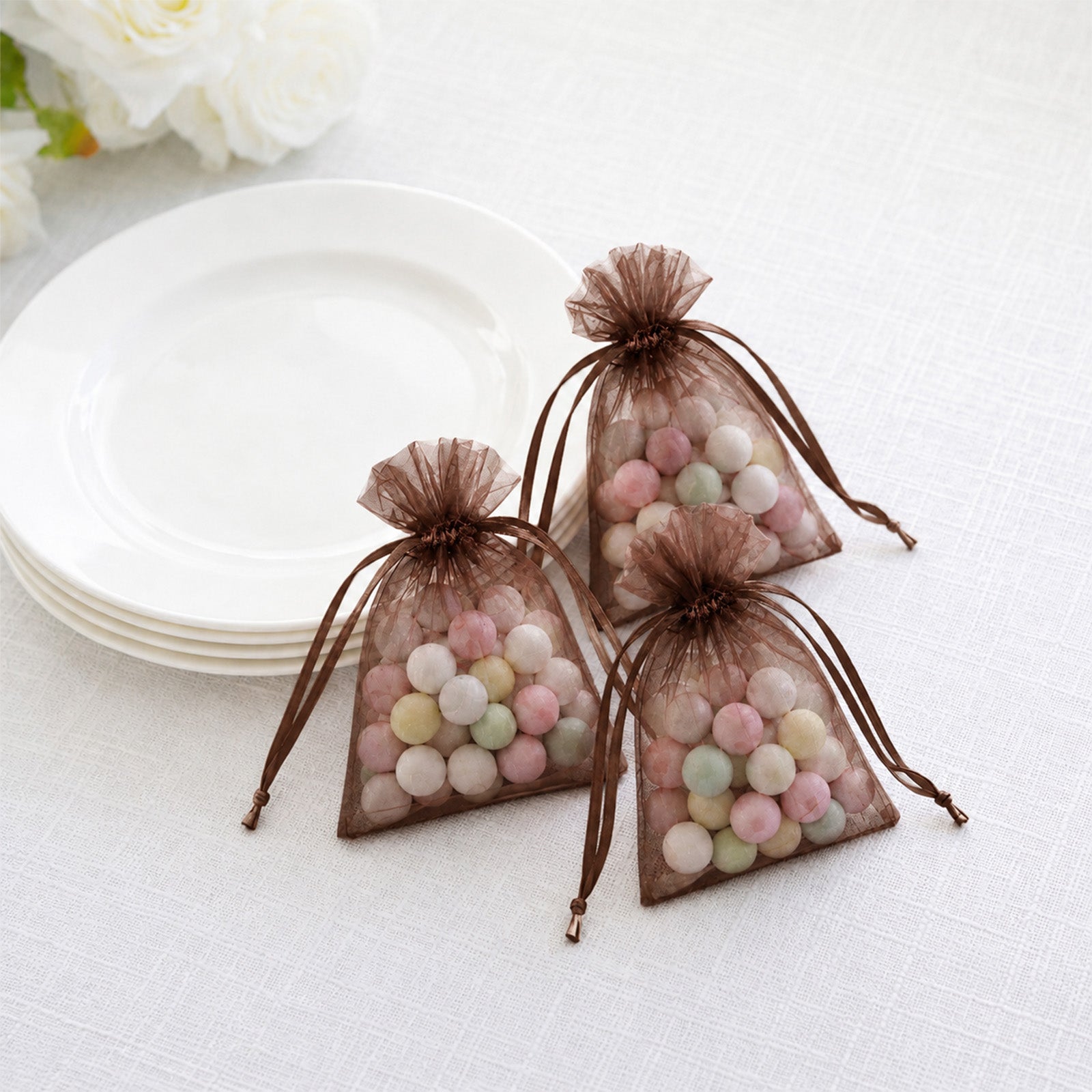 100 Pack Chocolate Organza Drawstring Gift Bags 3" x 4" – Wedding Party Favor Bags