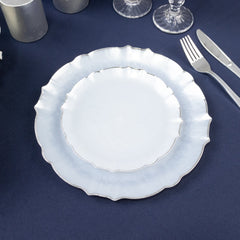 10-Pack Plastic 7" Round Dessert Appetizer Plates in Pearl White Sunflower with Silver Scalloped Rim - Disposable Salad Plates for Classy Events & Banquets