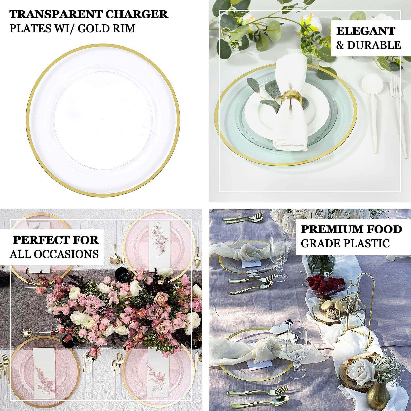 10-Pack Economy Plastic Round Charger Plates 12" in Transparent Blue with Wide Gold Rim, Decorative Dinner Party Serving Plates
