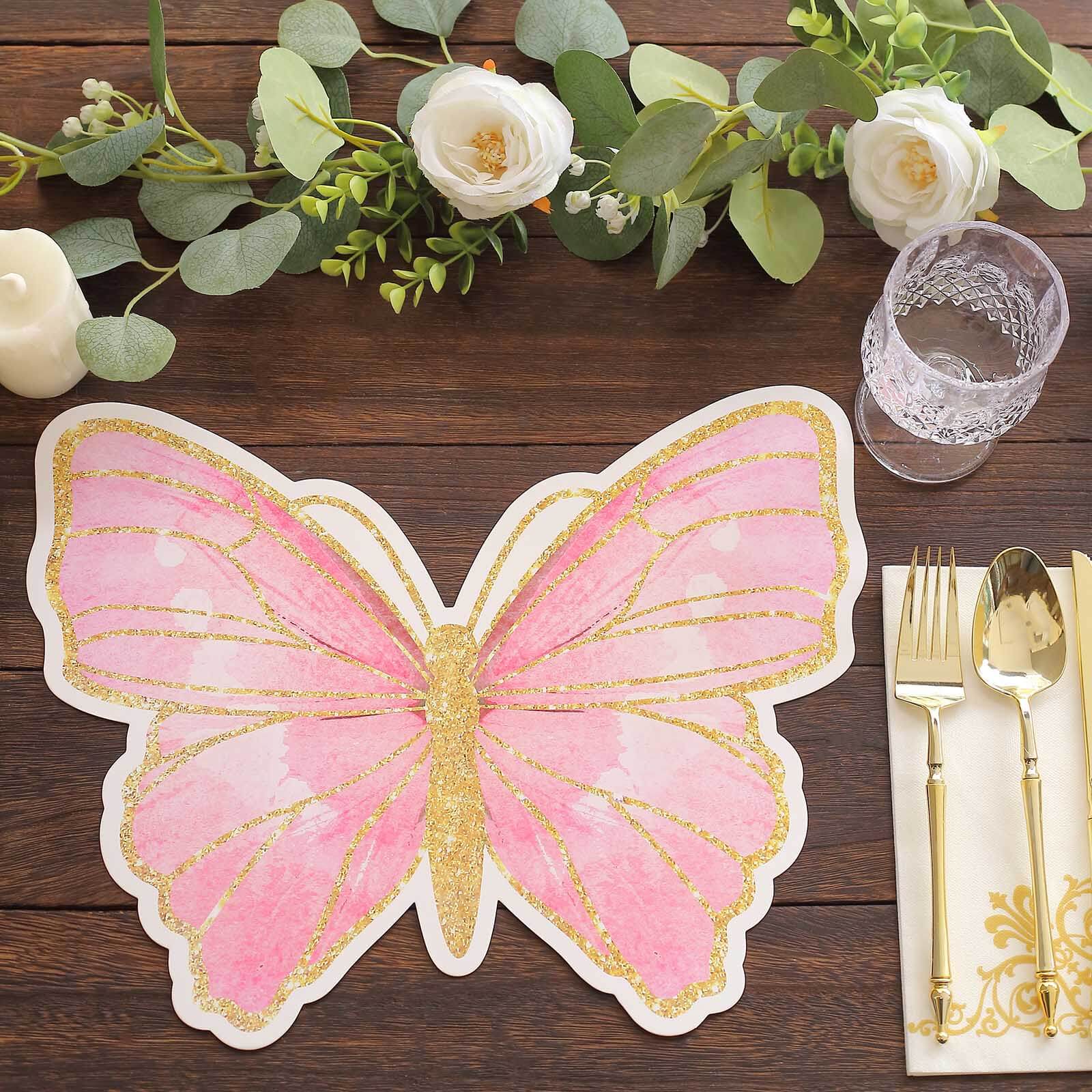10-Pack Disposable Table Placemats with Pink Butterfly Design & Gold Glitters - 400GSM Cardboard Placemats for Kids' Parties, Baby Showers & Celebrations 14"