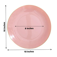10-Pack Plastic 10" Round Dinner Plates in Dusty Rose with Gold Rim - Glossy Disposable Party Plates