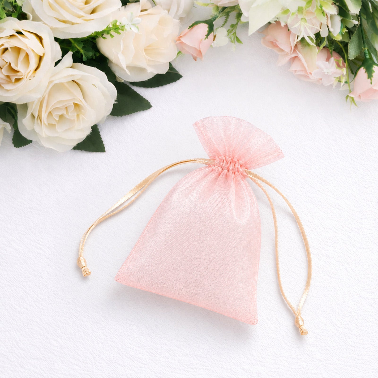 100 Pack Blush Organza Drawstring Gift Bags 3" x 4" – Wedding Party Favor Bags