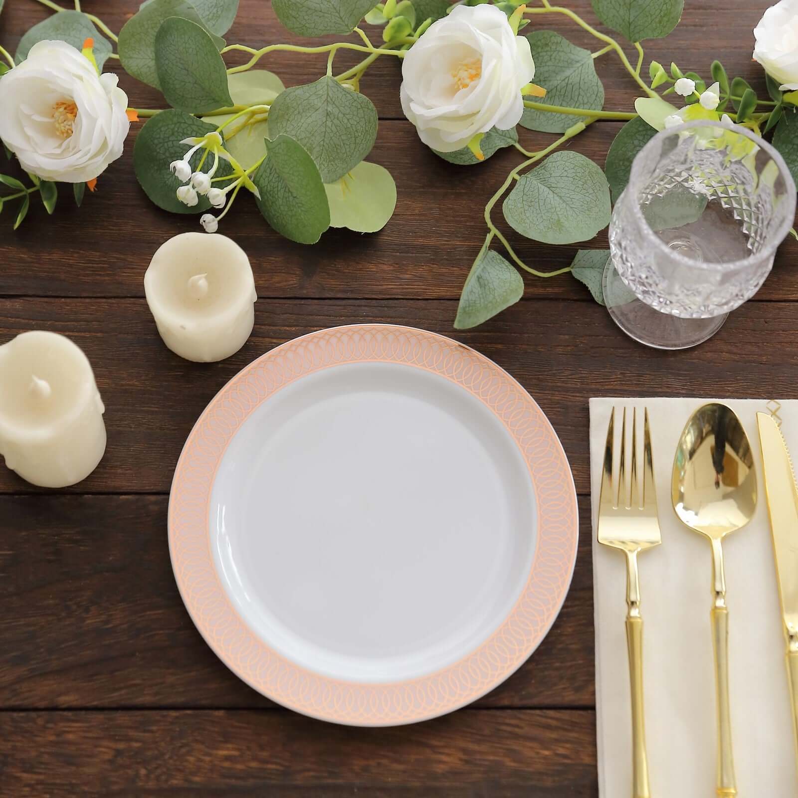 10-Pack Plastic Round Dessert Plates 7" White with Blush Rose Gold Spiral Rim - Chic Disposable Salad Plates for Events & Banquets