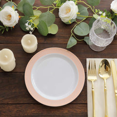 10-Pack Plastic Round Dessert Plates 7" White with Blush Rose Gold Spiral Rim - Chic Disposable Salad Plates for Events & Banquets