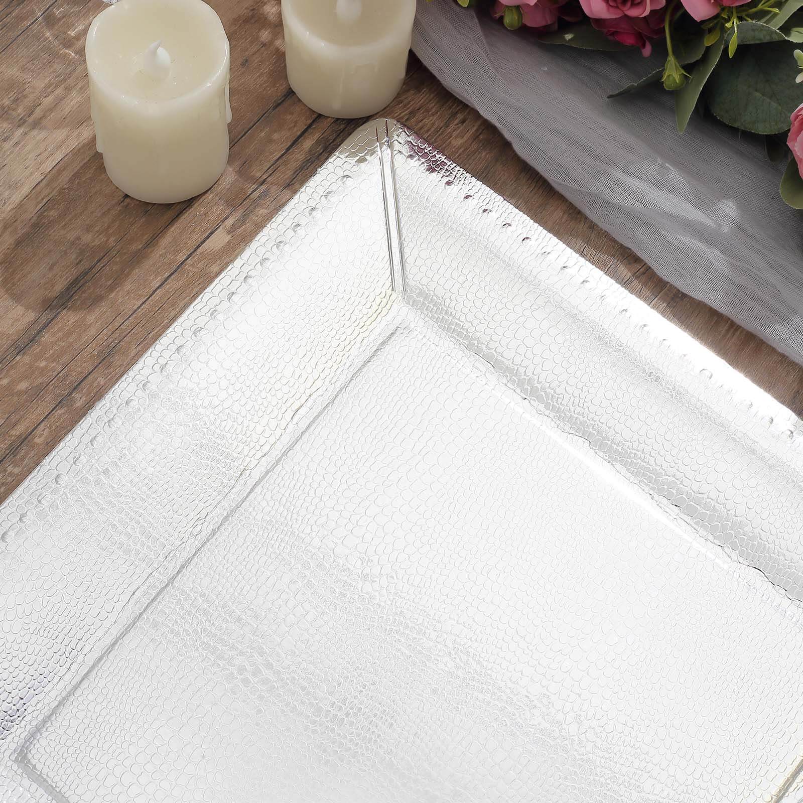 10-Pack Disposable Square Charger Plates in Silver with Leather Like Texture - 1100GSM Durable Paper Chargers 13"