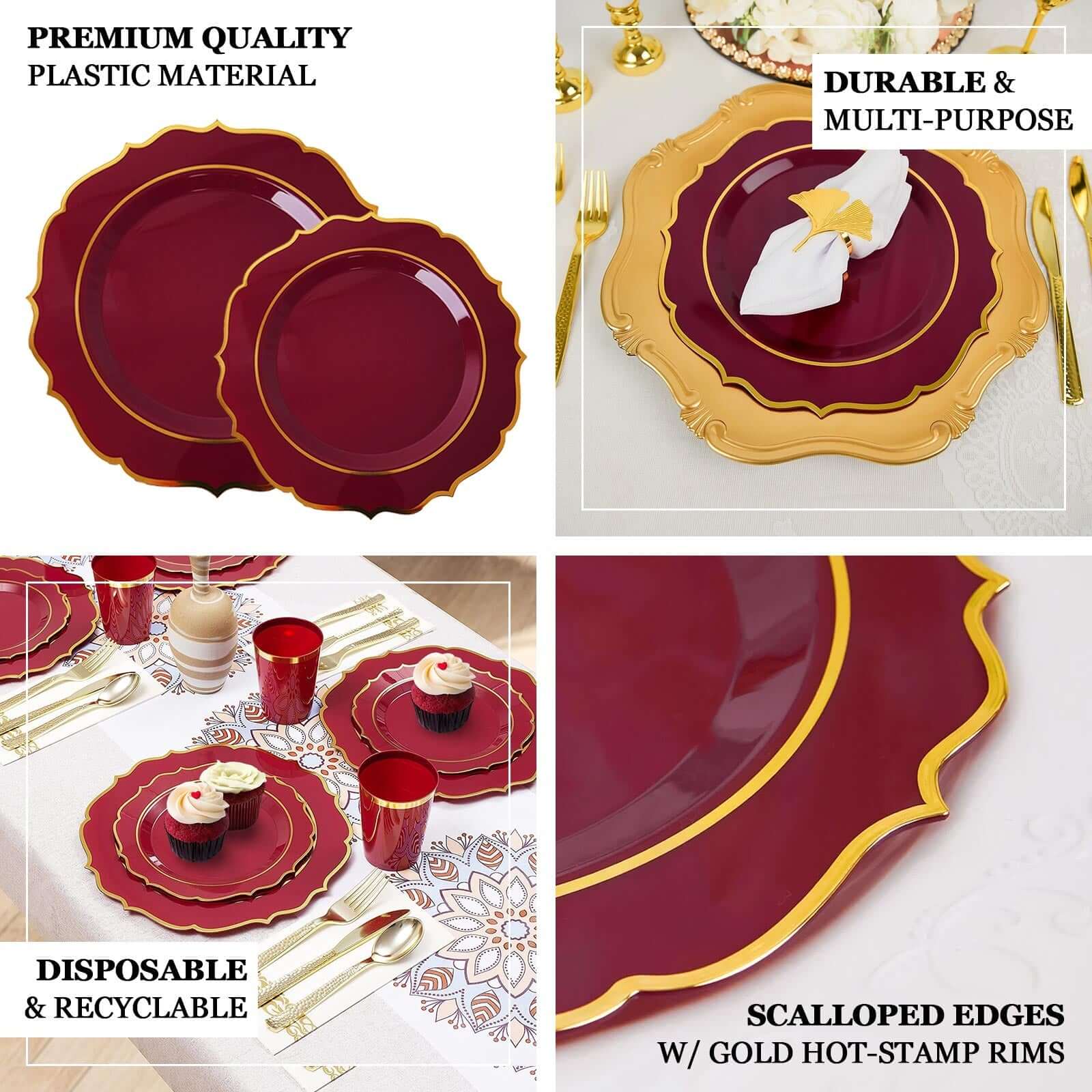 10-Pack Plastic 8" Round Dessert Plates in Taupe with Gold Scalloped Rim - Disposable Appetizer/Salad Plates