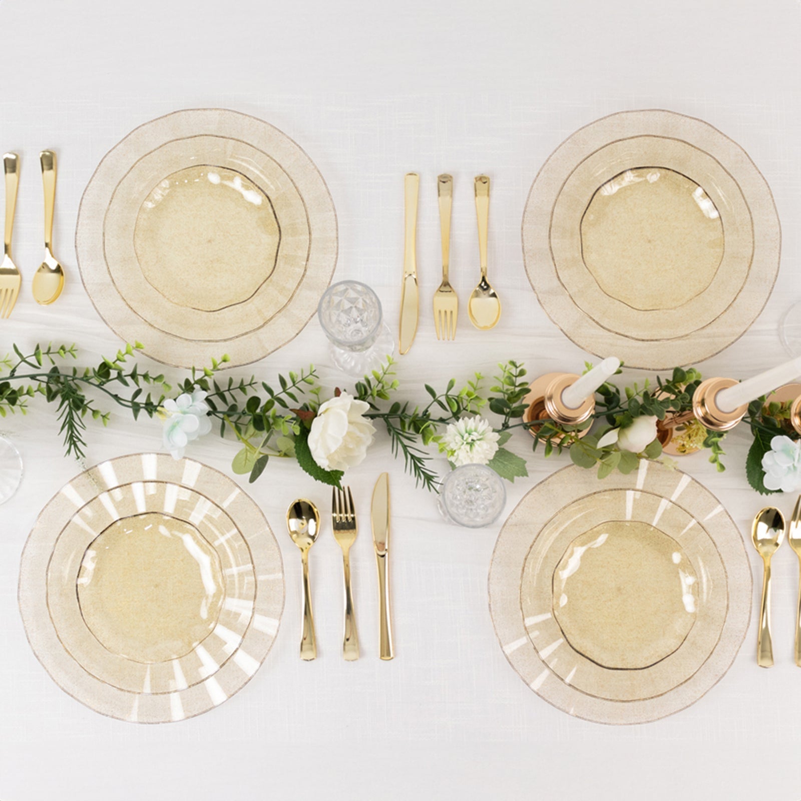 10-Pack Plastic Round 6" Dessert Plates in Gold Glitter with Ruffled Rim - Transparent Sturdy Disposable Salad Appetizer Dinnerware