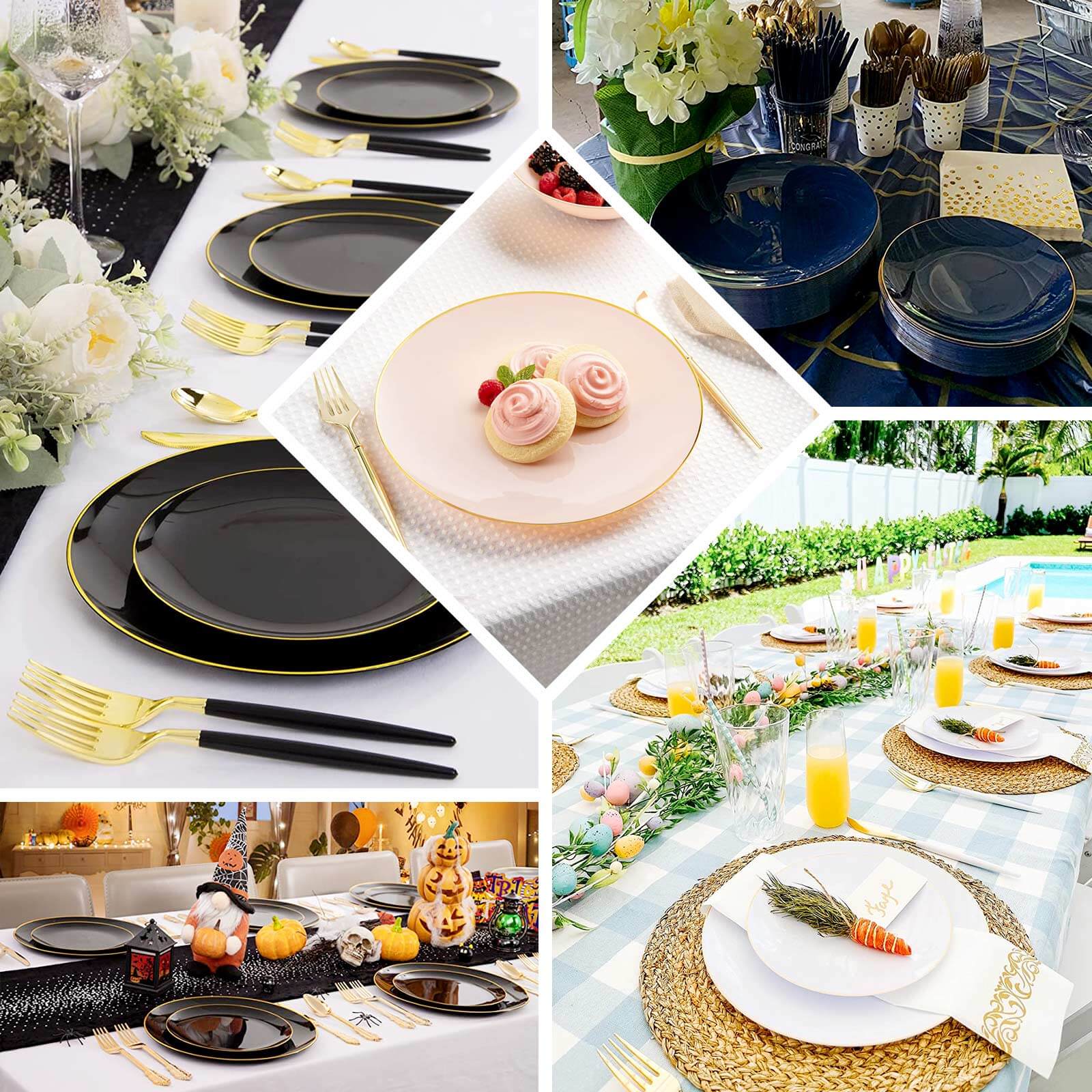 10-Pack Plastic 10" Round Dinner Plates in Hunter Emerald Green with Gold Rim - Glossy Disposable Party Plates